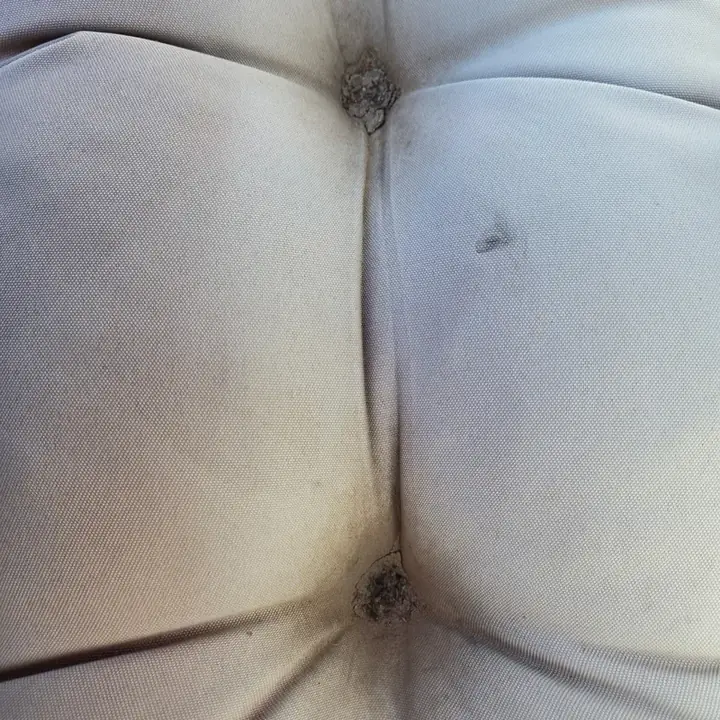 A close view of an outdoor cushion with a burn hole
and staining, photographed before it was replaced